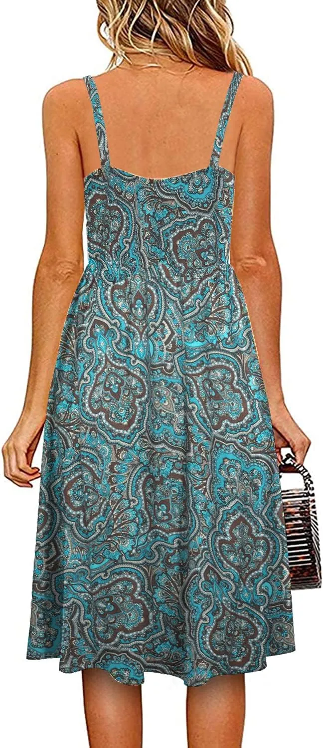 Soesdemo Summer Dresses for Women 2025 Floral Boho Sleeveless V Neck Spaghetti Strap A Line Casual Sundresses with Pockets