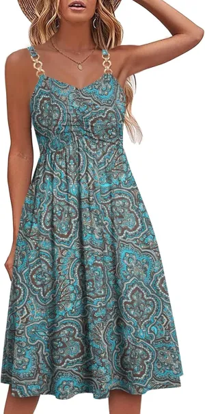 Soesdemo Summer Dresses for Women 2025 Floral Boho Sleeveless V Neck Spaghetti Strap A Line Casual Sundresses with Pockets