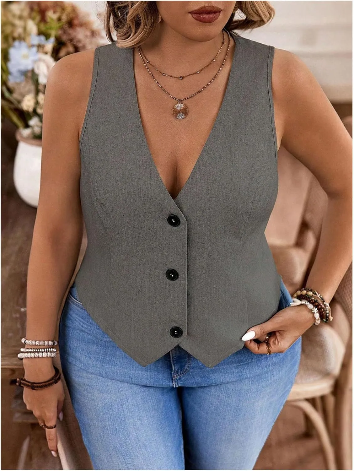 SOLY HUX Women's Plus Size Button Up Suit Vest Blazer V Neck Sleeveless Waistcoat