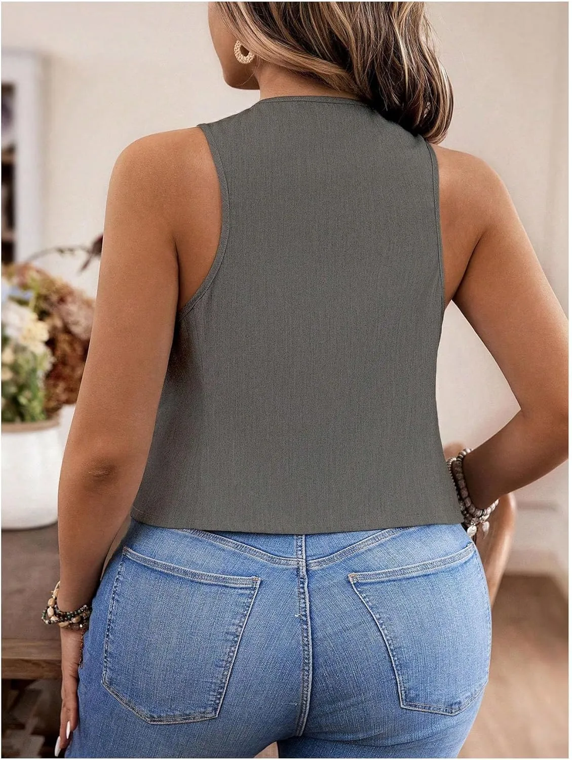 SOLY HUX Women's Plus Size Button Up Suit Vest Blazer V Neck Sleeveless Waistcoat