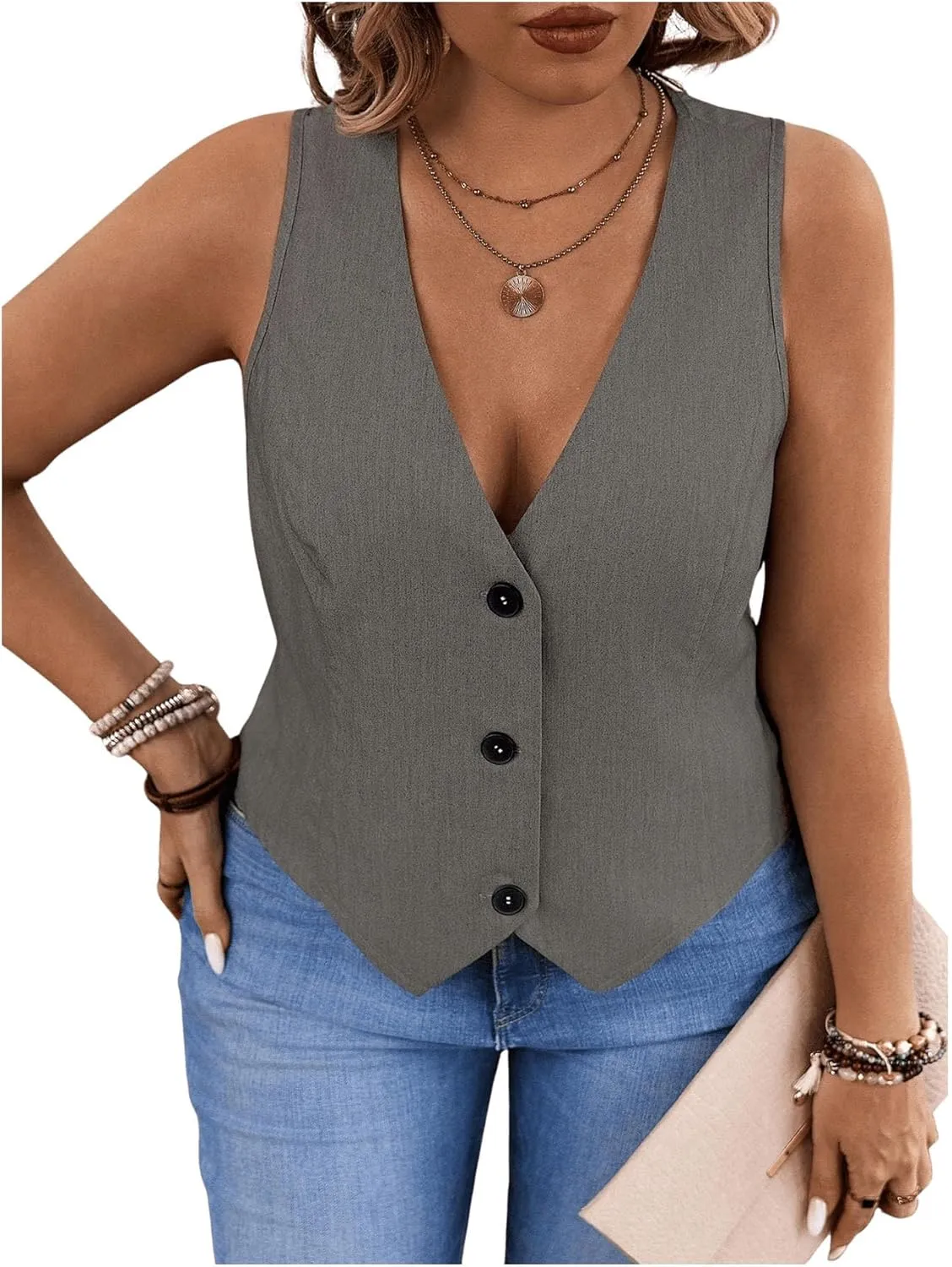 SOLY HUX Women's Plus Size Button Up Suit Vest Blazer V Neck Sleeveless Waistcoat