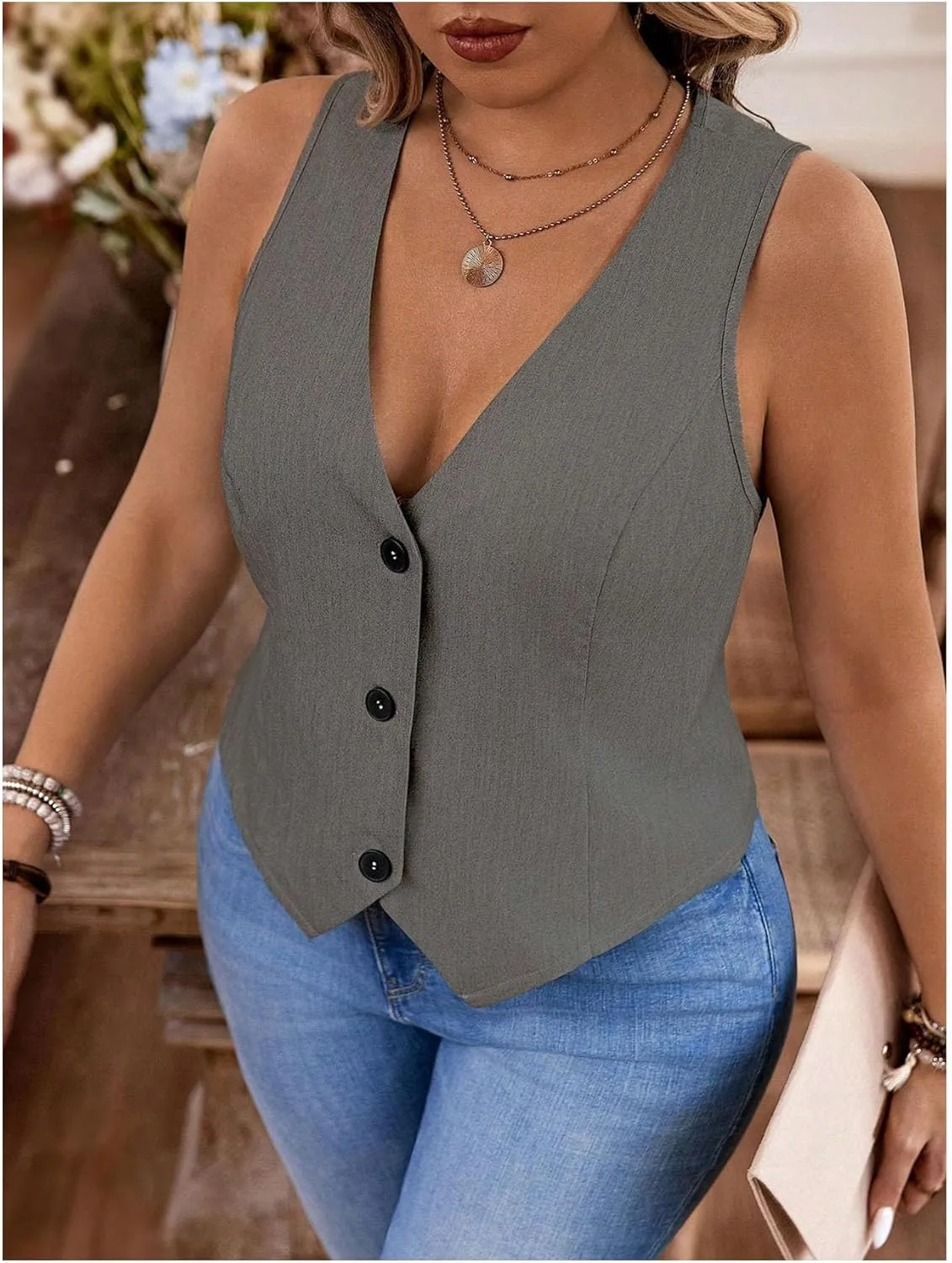 SOLY HUX Women's Plus Size Button Up Suit Vest Blazer V Neck Sleeveless Waistcoat
