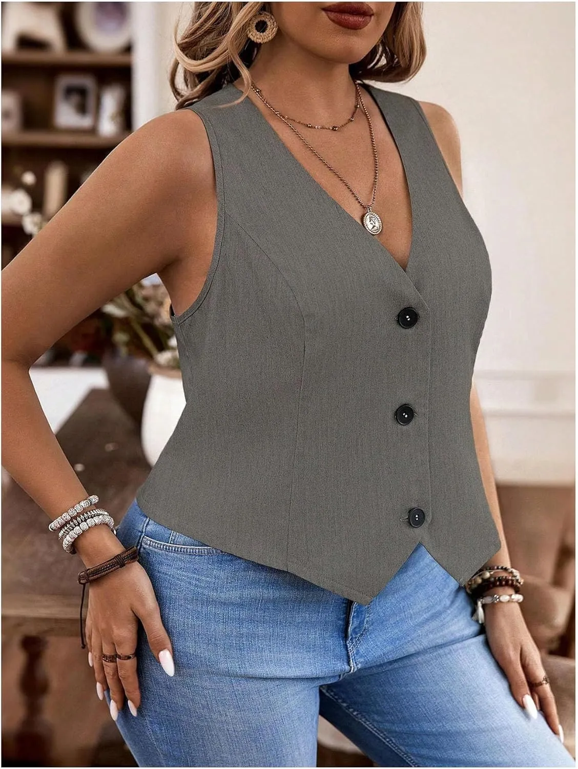 SOLY HUX Women's Plus Size Button Up Suit Vest Blazer V Neck Sleeveless Waistcoat