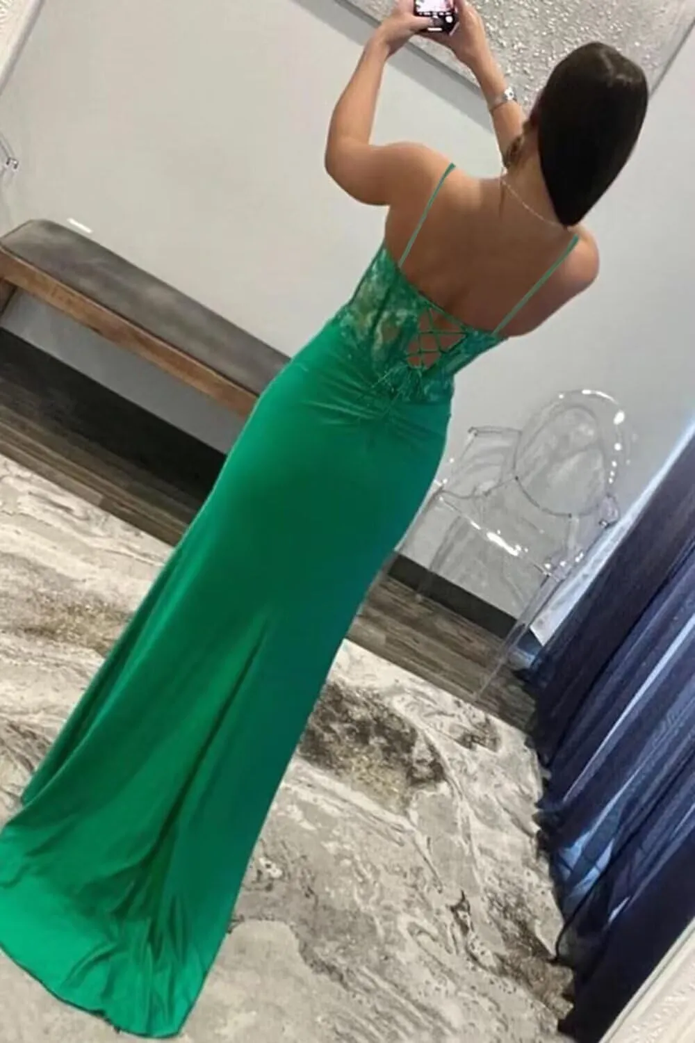 Spaghetti Strap Stain Prom Dress Sparkly Mermaid Formal Dresses with Slit Lace Sequin Evening Gowns