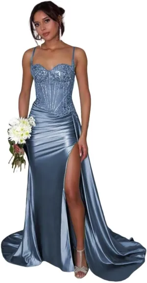 Spaghetti Strap Stain Prom Dress Sparkly Mermaid Formal Dresses with Slit Lace Sequin Evening Gowns