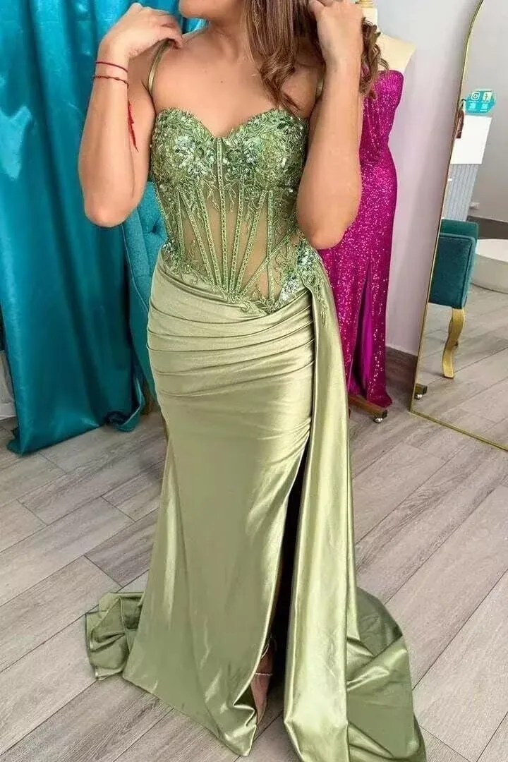 Spaghetti Strap Stain Prom Dress Sparkly Mermaid Formal Dresses with Slit Lace Sequin Evening Gowns