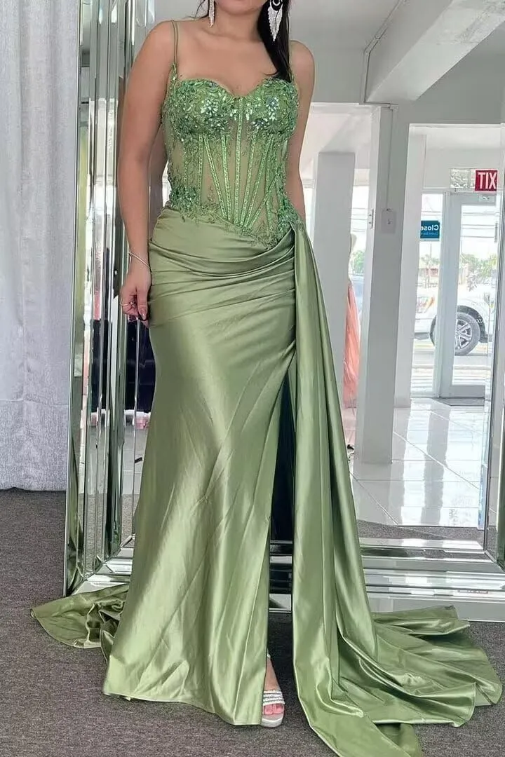 Spaghetti Strap Stain Prom Dress Sparkly Mermaid Formal Dresses with Slit Lace Sequin Evening Gowns