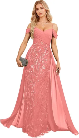 Spaghetti Straps Lace Lace Sequins Mother of The Bride Dresses for Women Off Shoulder Chiffon Prom Dress with Train