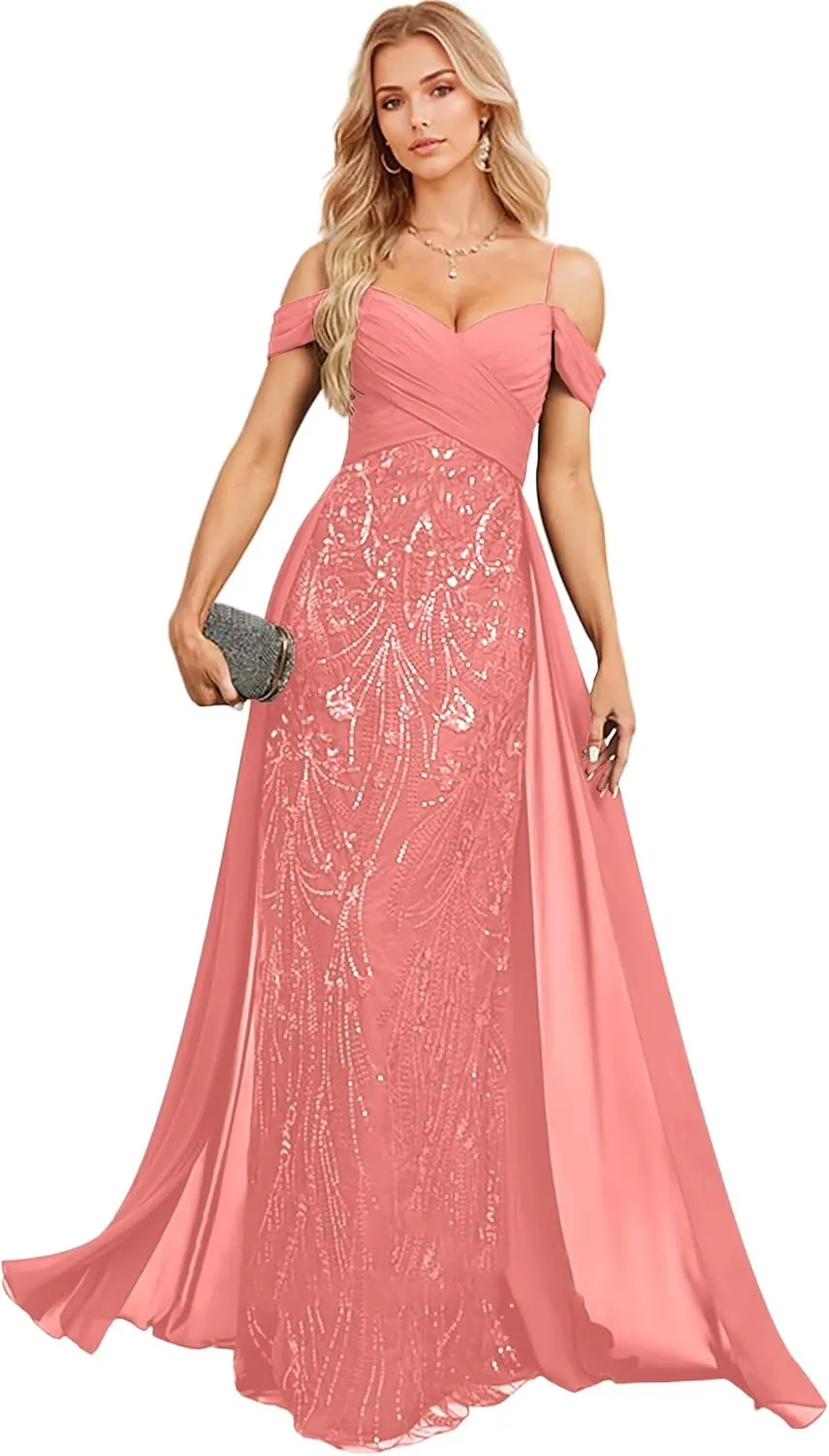 Spaghetti Straps Lace Lace Sequins Mother of The Bride Dresses for Women Off Shoulder Chiffon Prom Dress with Train
