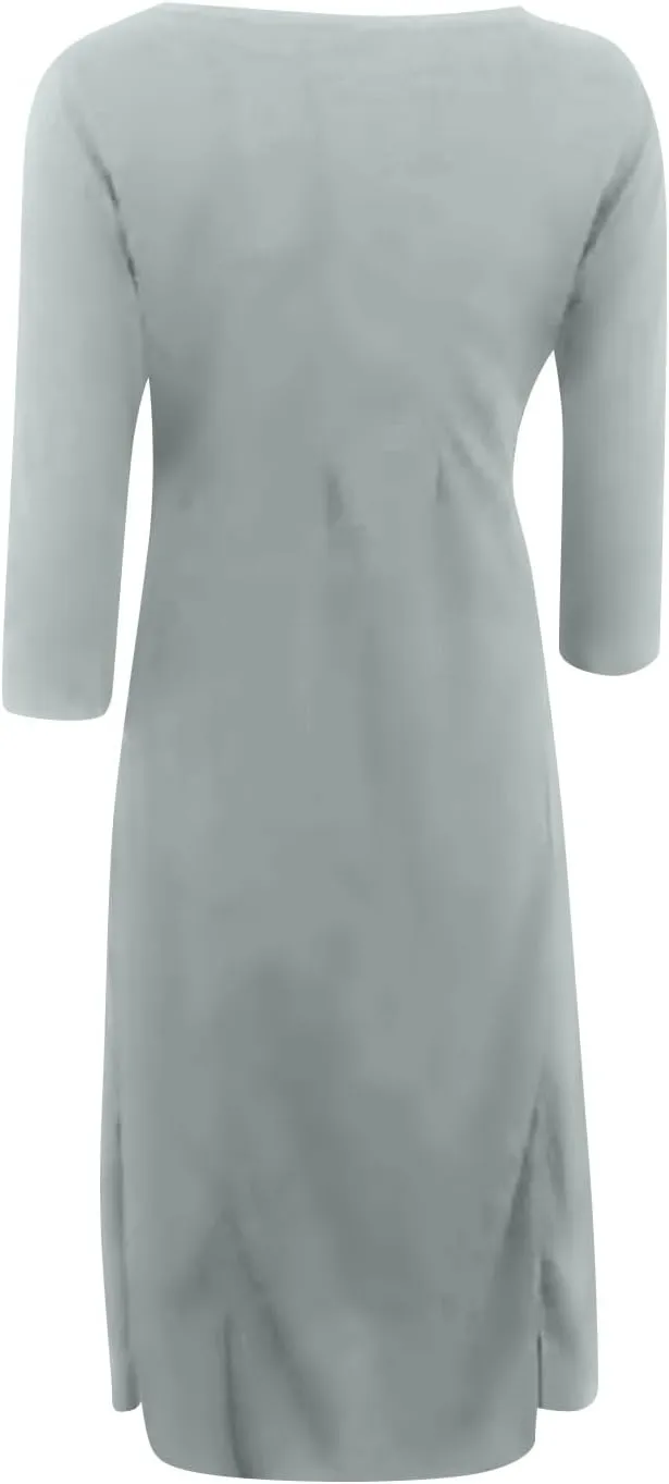 Spring Dresses for Women 2025 Round Neck 3/4 Sleeve A Line Dresses Business Casual Modest Midi Dresses with Pockets