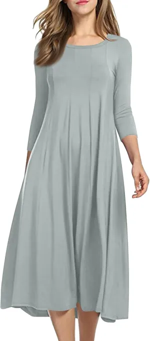 Spring Dresses for Women 2025 Round Neck 3/4 Sleeve A Line Dresses Business Casual Modest Midi Dresses with Pockets