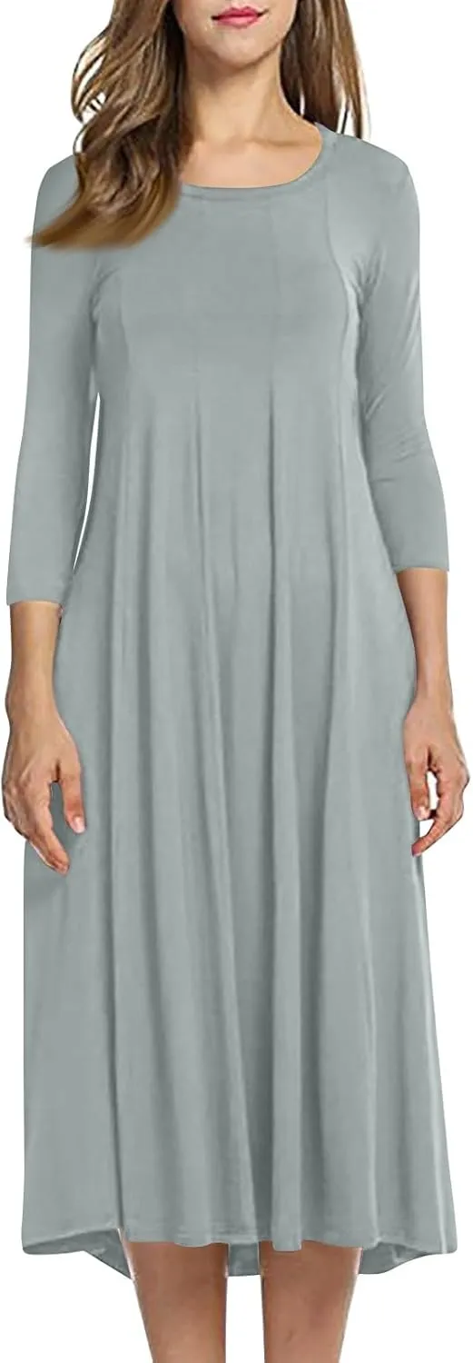 Spring Dresses for Women 2025 Round Neck 3/4 Sleeve A Line Dresses Business Casual Modest Midi Dresses with Pockets