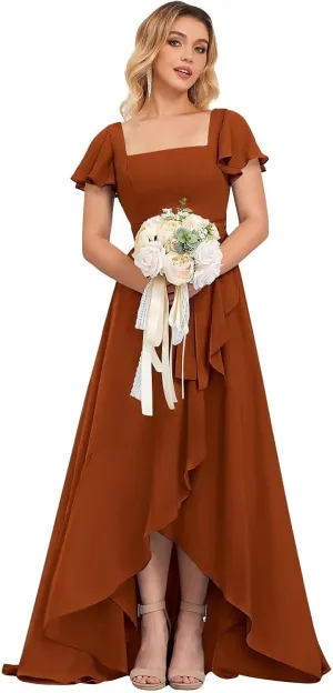 Square Neck Bridesmaid Dresses for Women Long Ruffle Sleeve High Low Formal Evening Dress with Slit