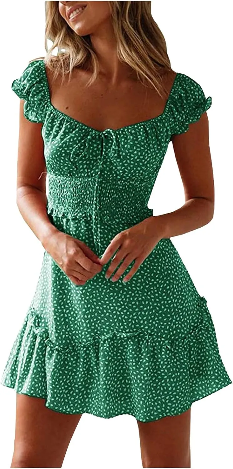 Square Neck Mini Dress for Women Short Sleeve Tie Front Smocked Dress Summer Floral Print Ruffle Vacation Beach Dress