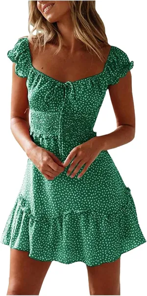 Square Neck Mini Dress for Women Short Sleeve Tie Front Smocked Dress Summer Floral Print Ruffle Vacation Beach Dress