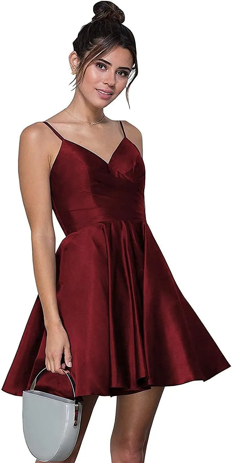 Stylefun Women's V-Neck Short Homecoming Dresses for Teens 2025 Spaghetti Strap Prom Dress with Pocket CYM025