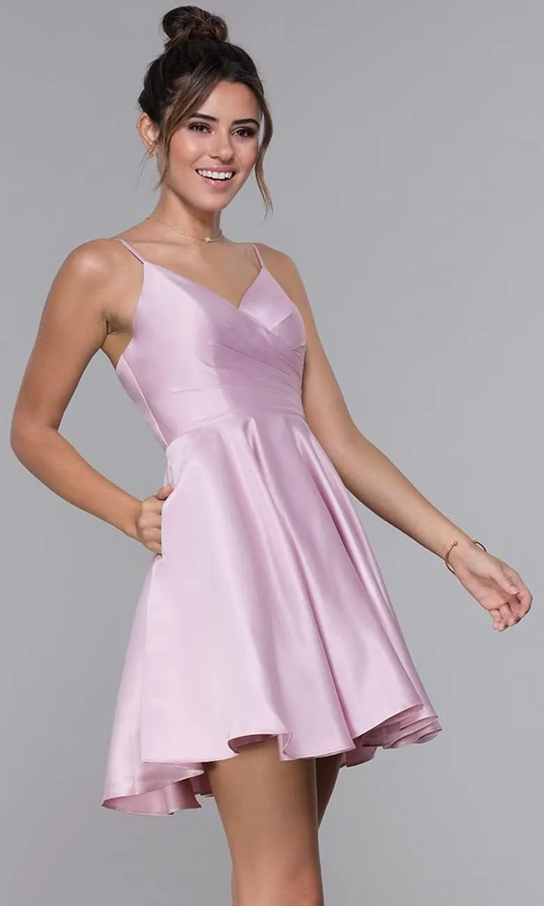 Stylefun Women's V-Neck Short Homecoming Dresses for Teens 2025 Spaghetti Strap Prom Dress with Pocket CYM025