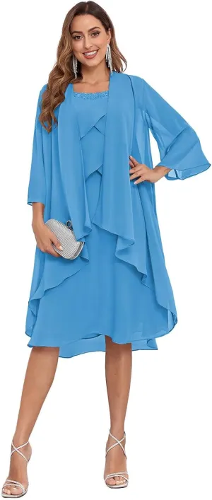 Sukleet Women's 2 Pieces Mother of the Bride Dresses with Jacket Ruffles Chiffon Short Formal Cocktail Dress
