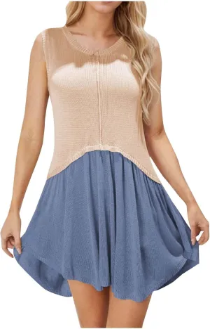 Summer Crew Neck Knit Smock Dresses for Women Plus Size Ruffle Mini Beach Dress