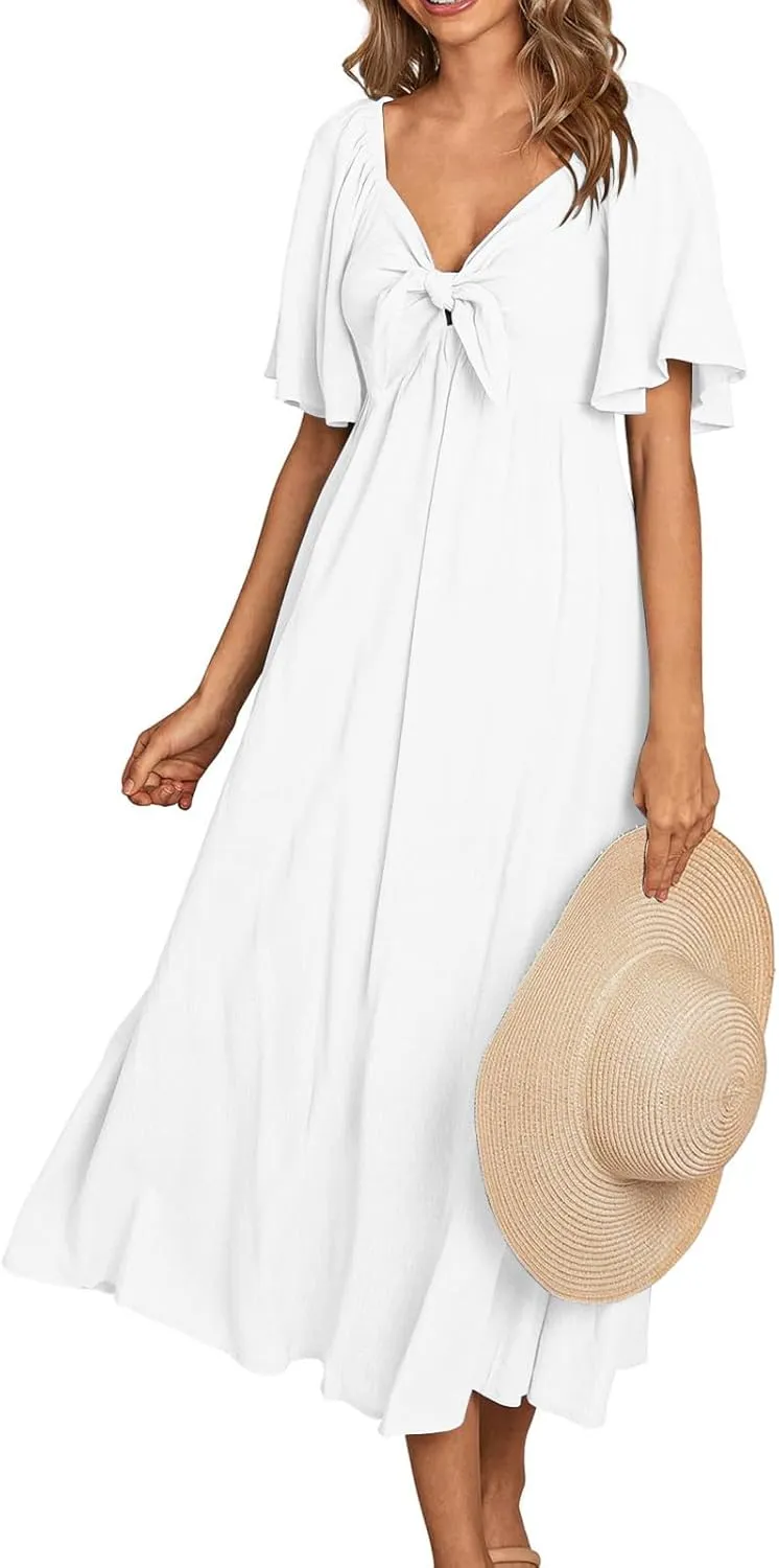 Summer Dress for Women 2024 Casual Short Sleeve Front Bow Tie V Neck Ruffle Midi Flowy Dresses Trendy Smocked Back Dress