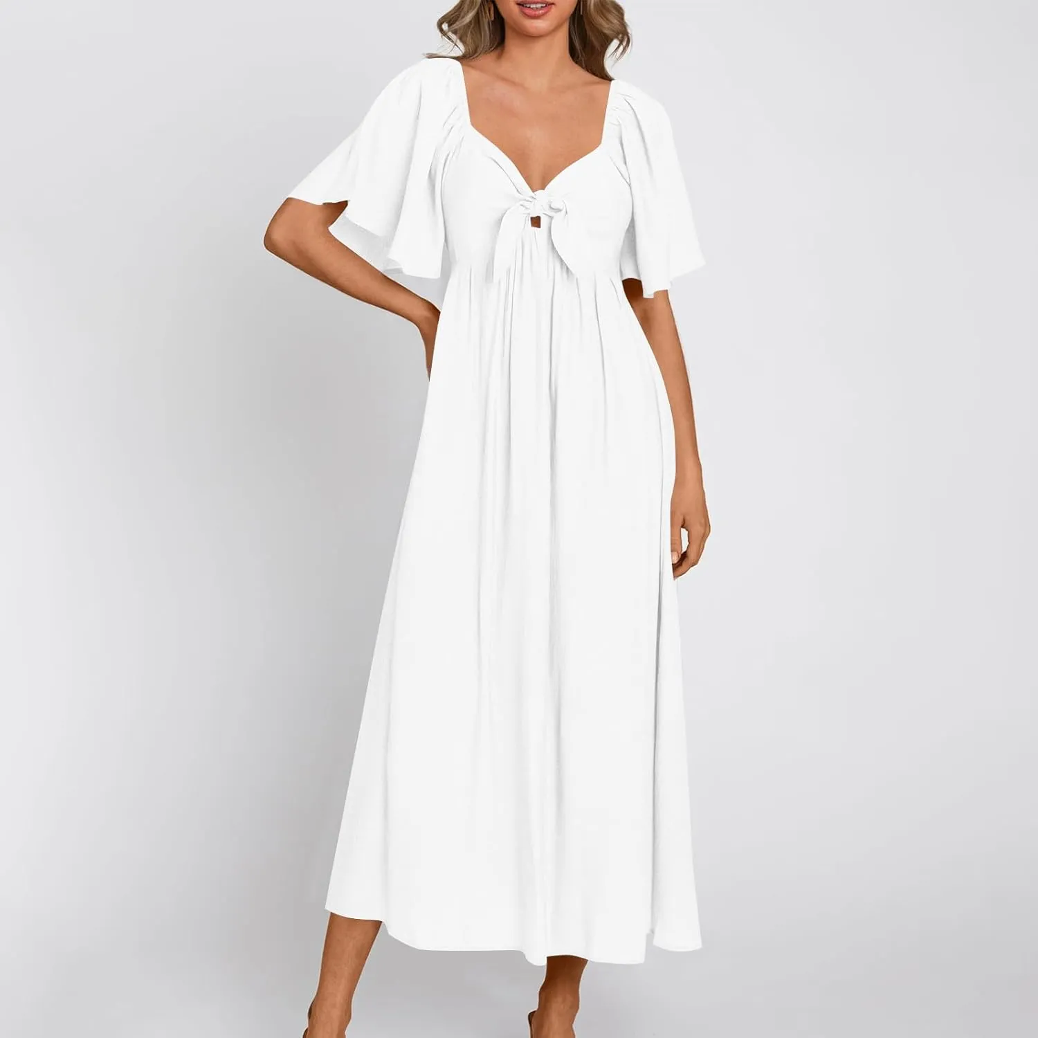 Summer Dress for Women 2024 Casual Short Sleeve Front Bow Tie V Neck Ruffle Midi Flowy Dresses Trendy Smocked Back Dress