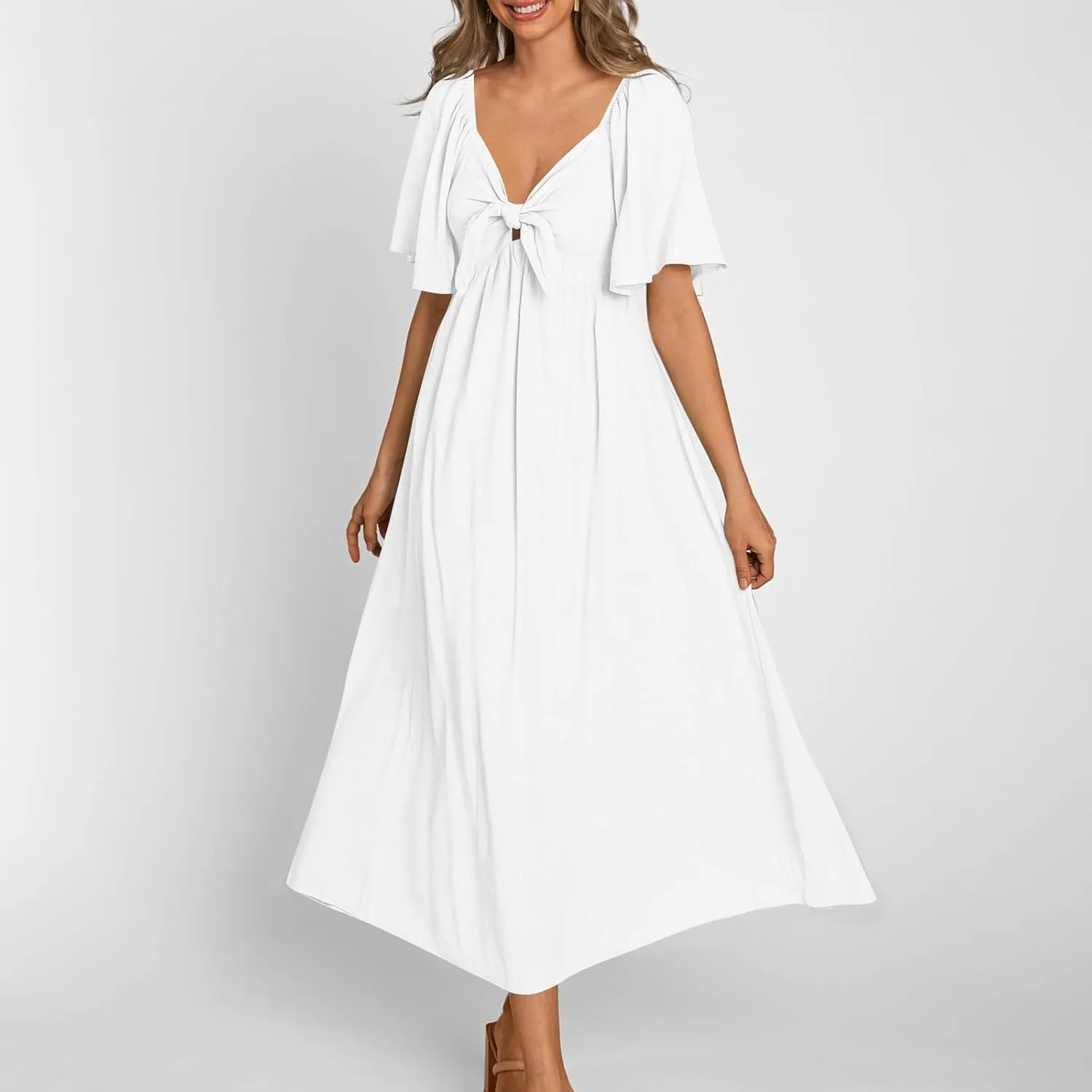 Summer Dress for Women 2024 Casual Short Sleeve Front Bow Tie V Neck Ruffle Midi Flowy Dresses Trendy Smocked Back Dress