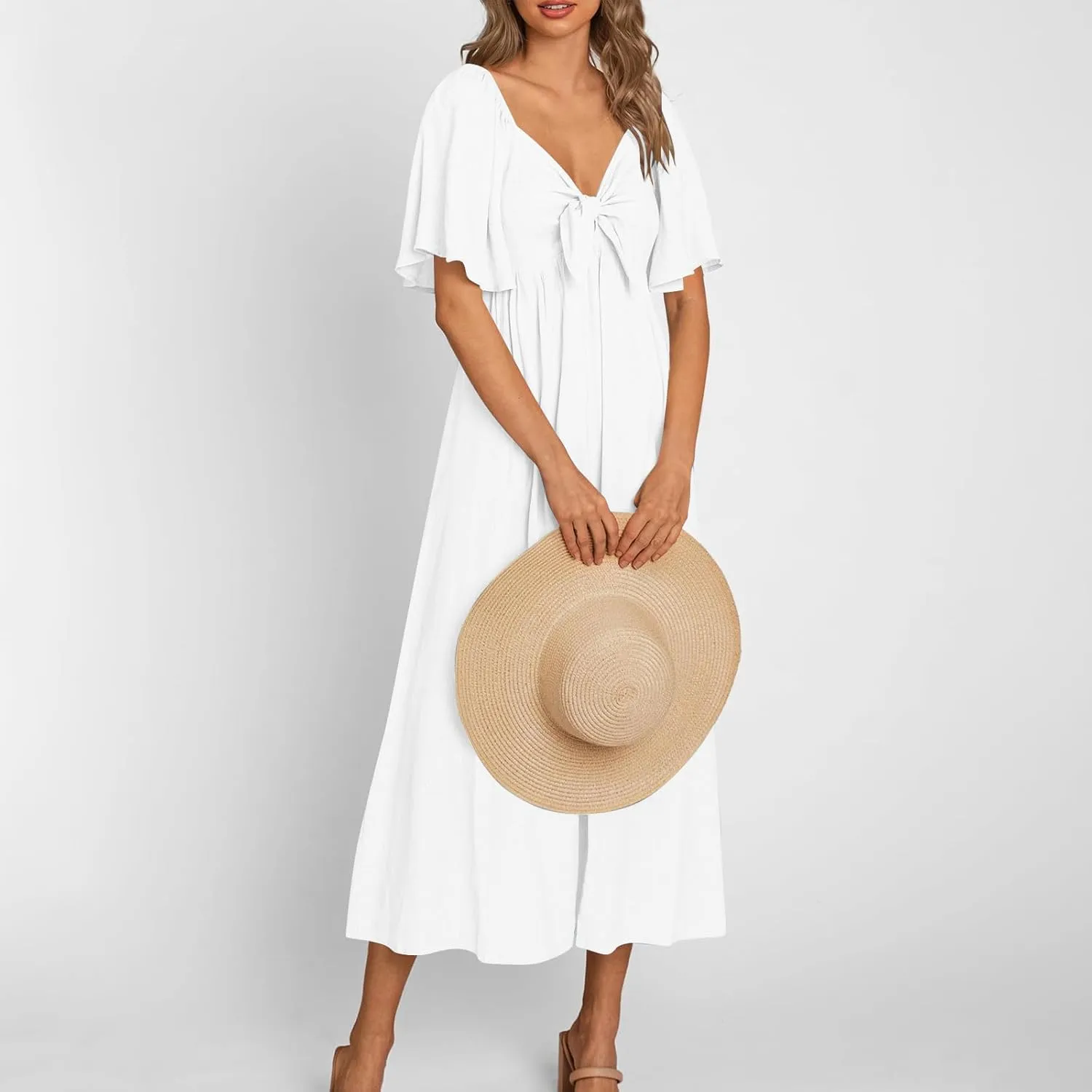 Summer Dress for Women 2024 Casual Short Sleeve Front Bow Tie V Neck Ruffle Midi Flowy Dresses Trendy Smocked Back Dress