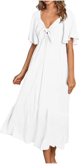 Summer Dress for Women 2024 Casual Short Sleeve Front Bow Tie V Neck Ruffle Midi Flowy Dresses Trendy Smocked Back Dress