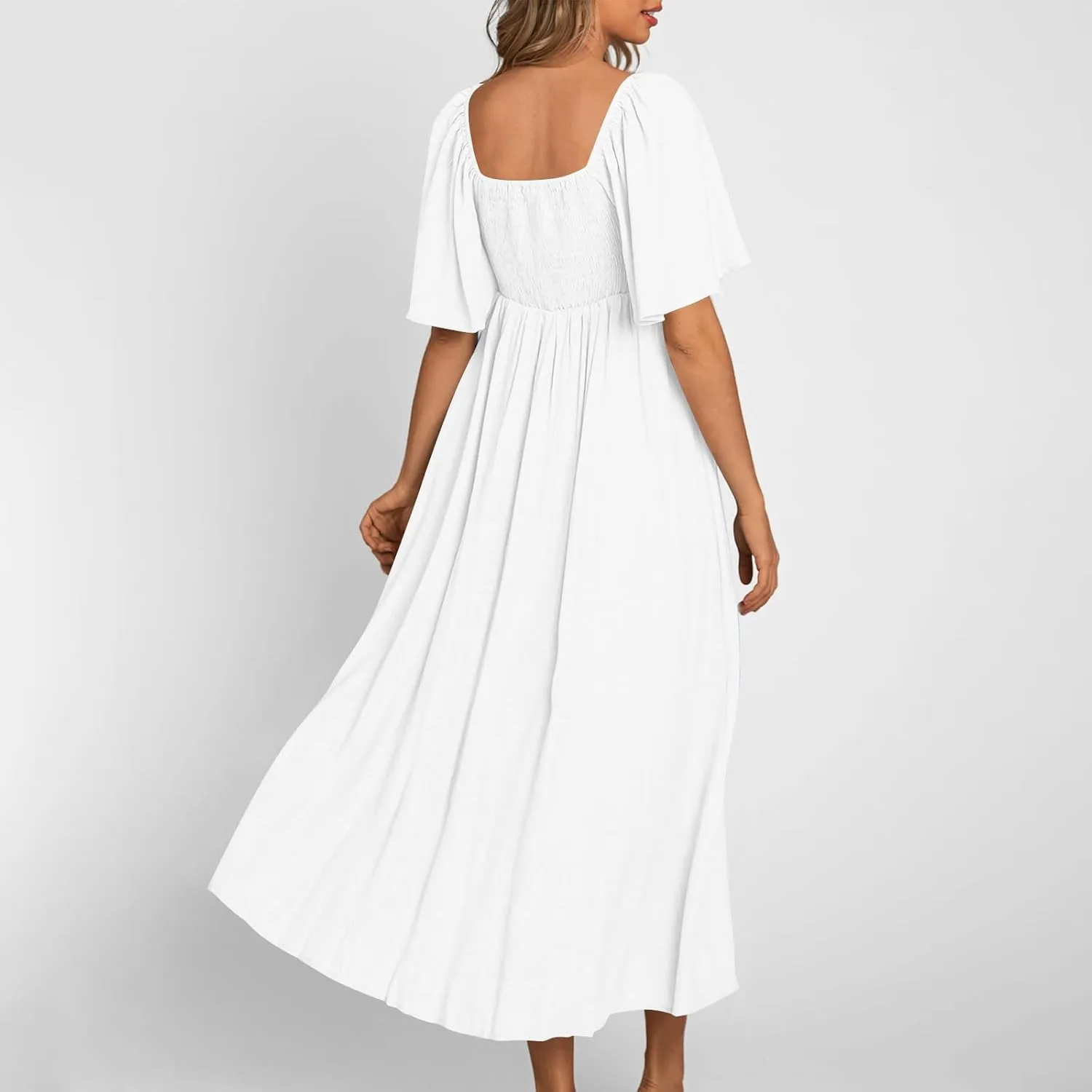 Summer Dress for Women 2024 Casual Short Sleeve Front Bow Tie V Neck Ruffle Midi Flowy Dresses Trendy Smocked Back Dress