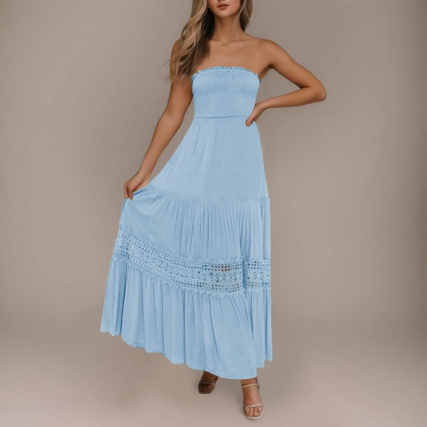 Summer Dresses for Women 2024 Strapless Off Shoulder Crochet Lace Trim Flowy A Line Wedding Guest Dress Beach Long Maxi Dress