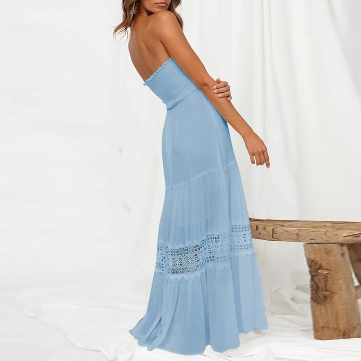 Summer Dresses for Women 2024 Strapless Off Shoulder Crochet Lace Trim Flowy A Line Wedding Guest Dress Beach Long Maxi Dress
