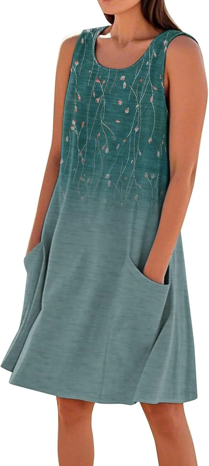 Summer Dresses for Women 2025 Beach Sleeveless Linen Midi Dress Flowy Plus Size Boho Long Sun Dresses with Pocket