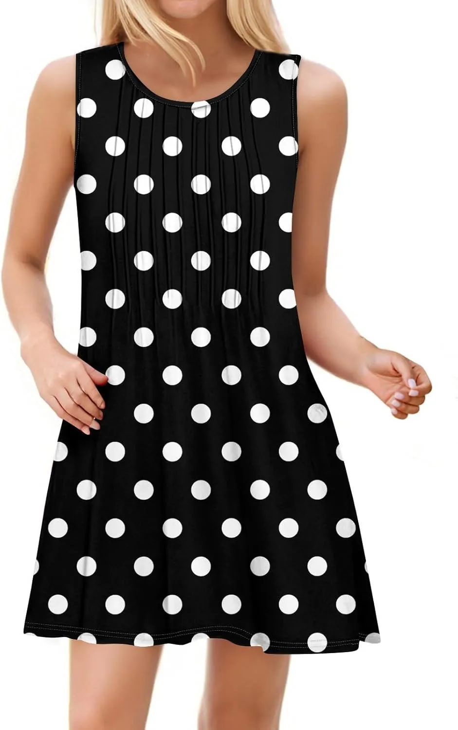 Summer Dresses for Women 2025 Loose O Neck Sundresses Sleeveless Pleated Tank Dress Beach Casual Print Dress with Pockets