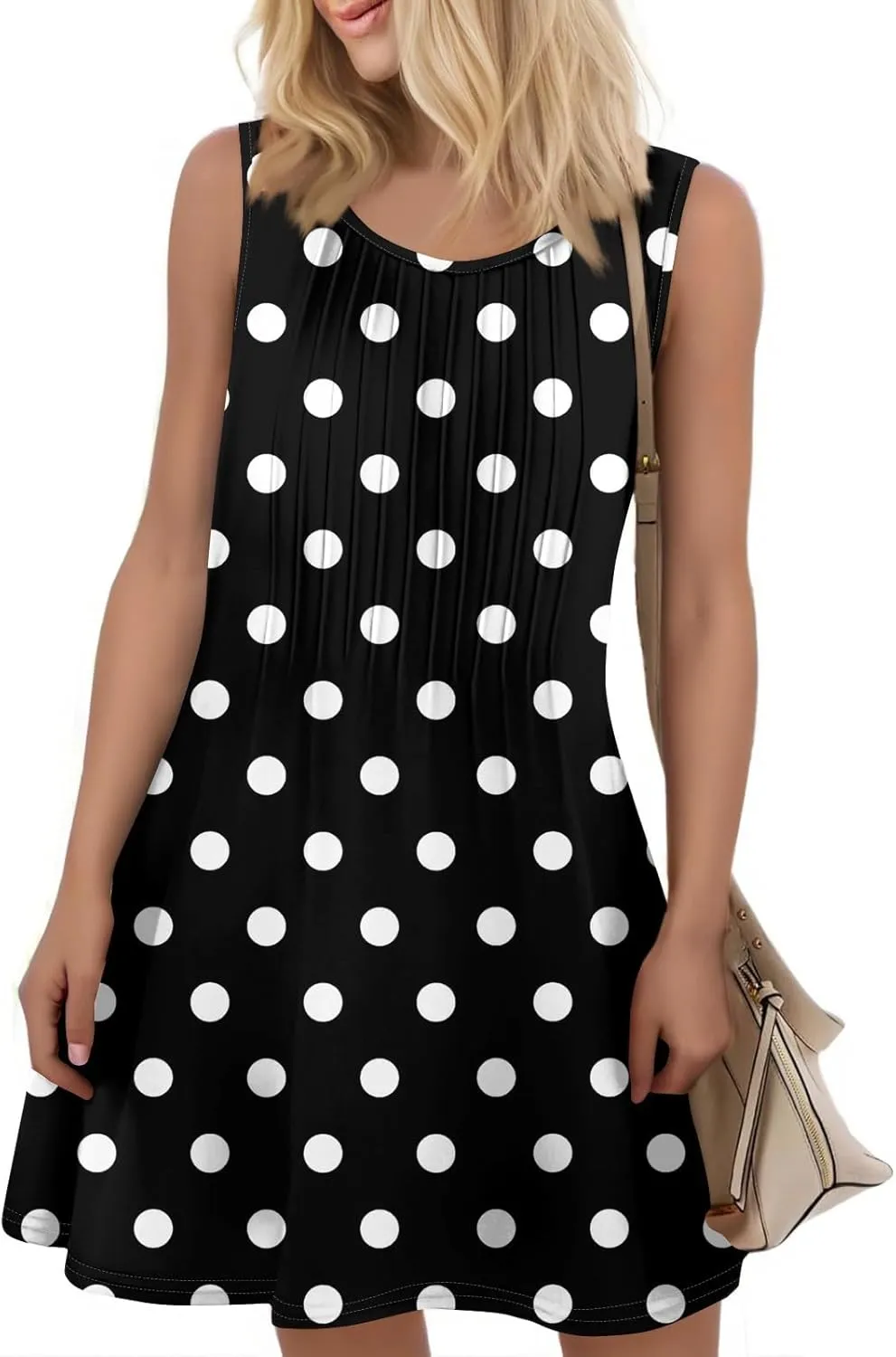 Summer Dresses for Women 2025 Loose O Neck Sundresses Sleeveless Pleated Tank Dress Beach Casual Print Dress with Pockets
