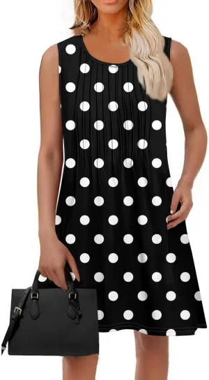 Summer Dresses for Women 2025 Loose O Neck Sundresses Sleeveless Pleated Tank Dress Beach Casual Print Dress with Pockets