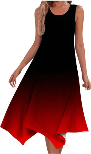Summer Dresses for Women Casual Sleeveless Tank Dress Knee-Length U-Neck Tie Dye Print Sundress Beach Boho Midi-Dresses