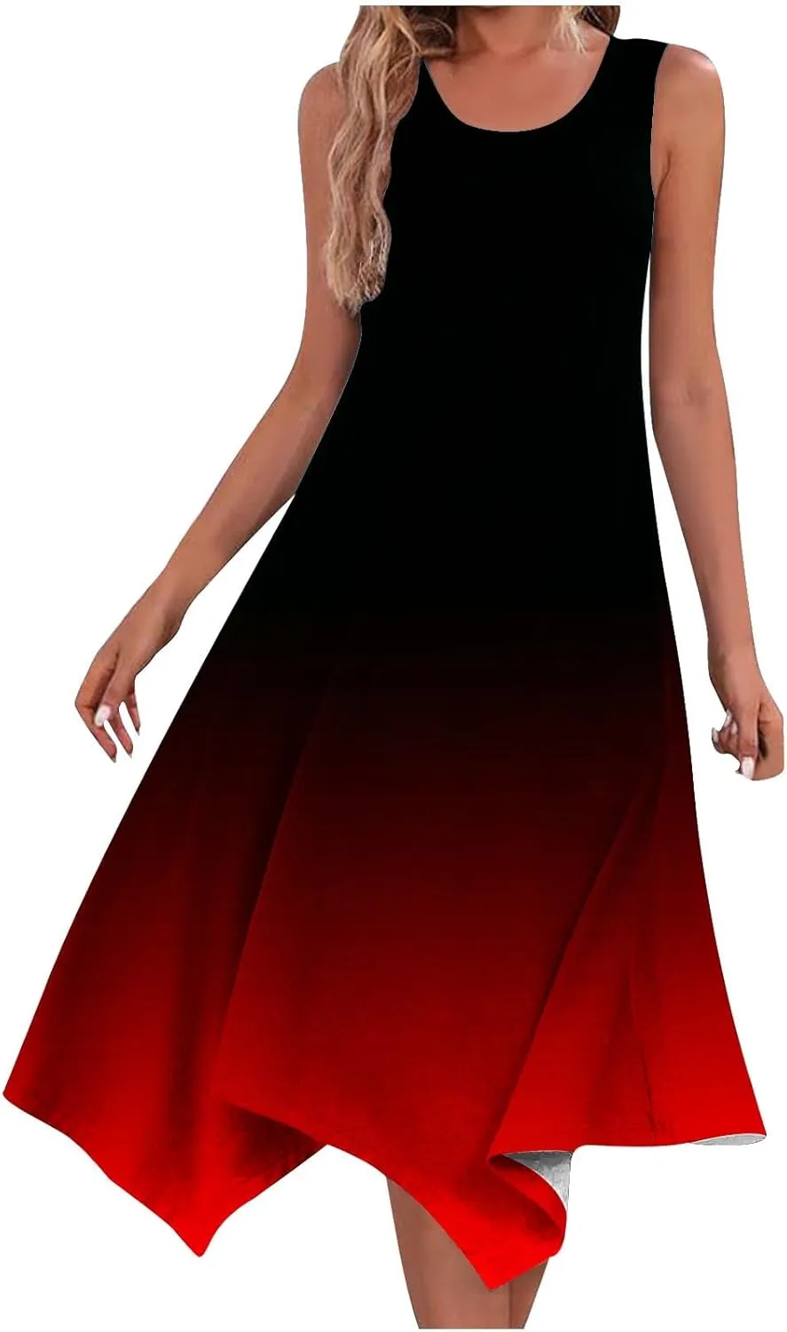 Summer Dresses for Women Casual Sleeveless Tank Dress Knee-Length U-Neck Tie Dye Print Sundress Beach Boho Midi-Dresses
