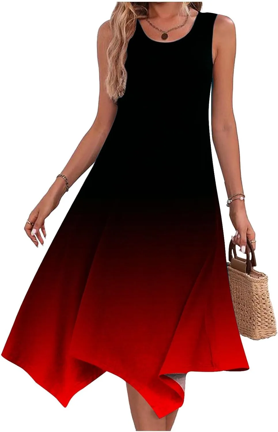 Summer Dresses for Women Casual Sleeveless Tank Dress Knee-Length U-Neck Tie Dye Print Sundress Beach Boho Midi-Dresses