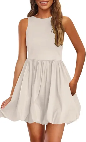 Summer Mini Dress for Women Casal Crew Neck Sleeveless Tank Dresses Trendy Back Zip Up Solid Ruffle Hem Sundress