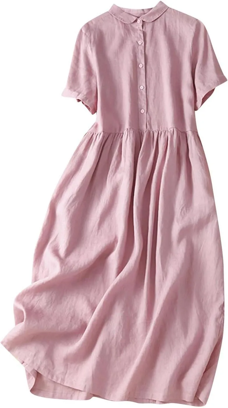 Summer Plus Size Cotton Linen Solid Dresses for Women Short Sleeve Crew Neck Loose Midi Dress
