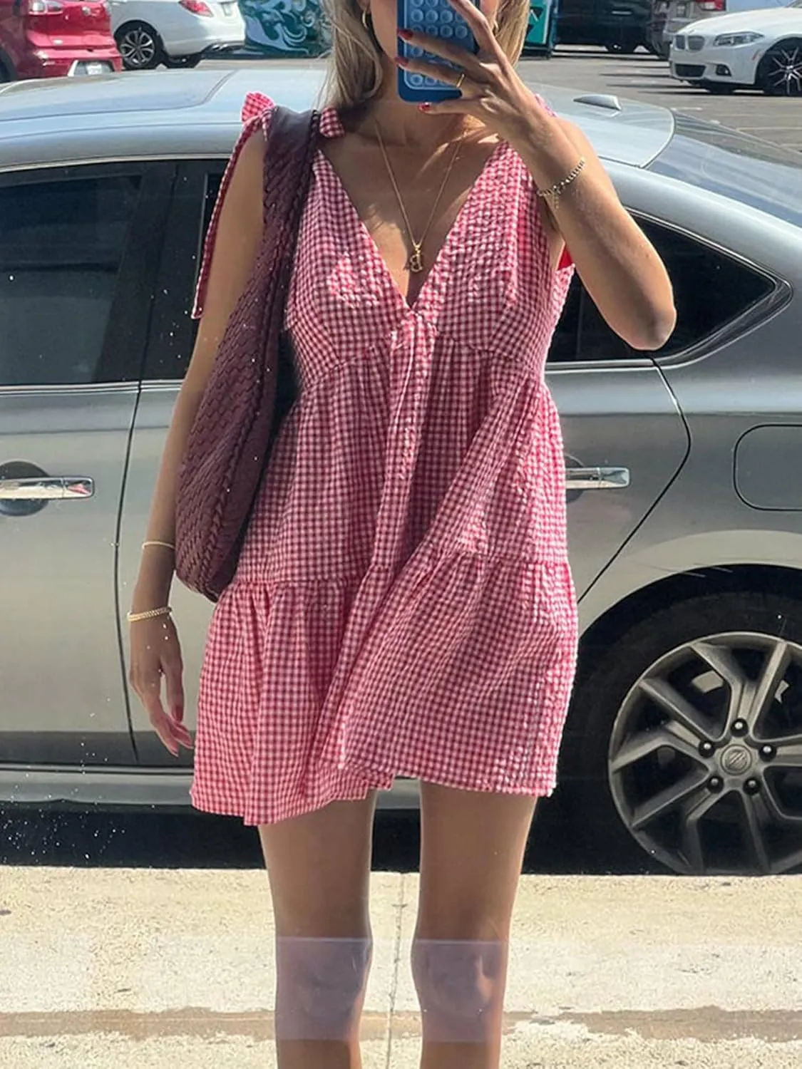 Sunloudy Women's Flowy Tank Mini Dress Deep V Neck Gingham Slip Short Dress Sleeveless Loose Pleated Swing Beach Dresses