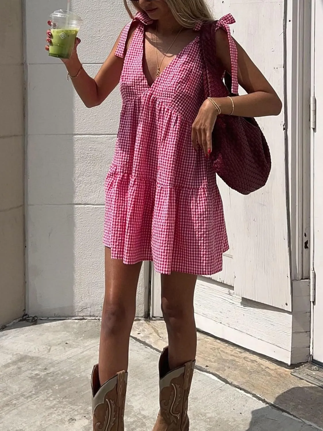 Sunloudy Women's Flowy Tank Mini Dress Deep V Neck Gingham Slip Short Dress Sleeveless Loose Pleated Swing Beach Dresses