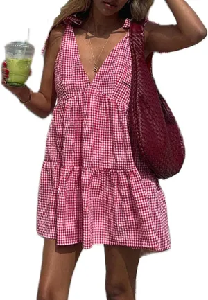 Sunloudy Women's Flowy Tank Mini Dress Deep V Neck Gingham Slip Short Dress Sleeveless Loose Pleated Swing Beach Dresses