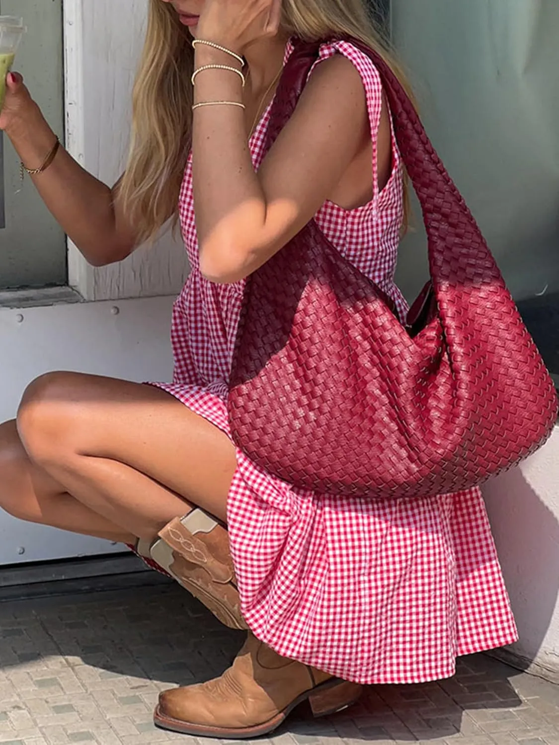 Sunloudy Women's Flowy Tank Mini Dress Deep V Neck Gingham Slip Short Dress Sleeveless Loose Pleated Swing Beach Dresses