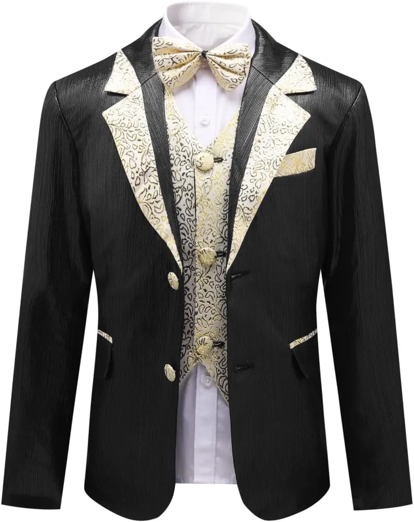 SWOTGdoby Boys Slim Fit Suits 4 Pieces Blazer Vest Pants Bowtie Jacket with Gold Rims for Wedding Party Prom