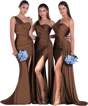 SYYS One Shoulder Bridesmaid Dresses Long for Women 2025 Side Slit Satin Mermaid Formal Prom Dresses SYYS393