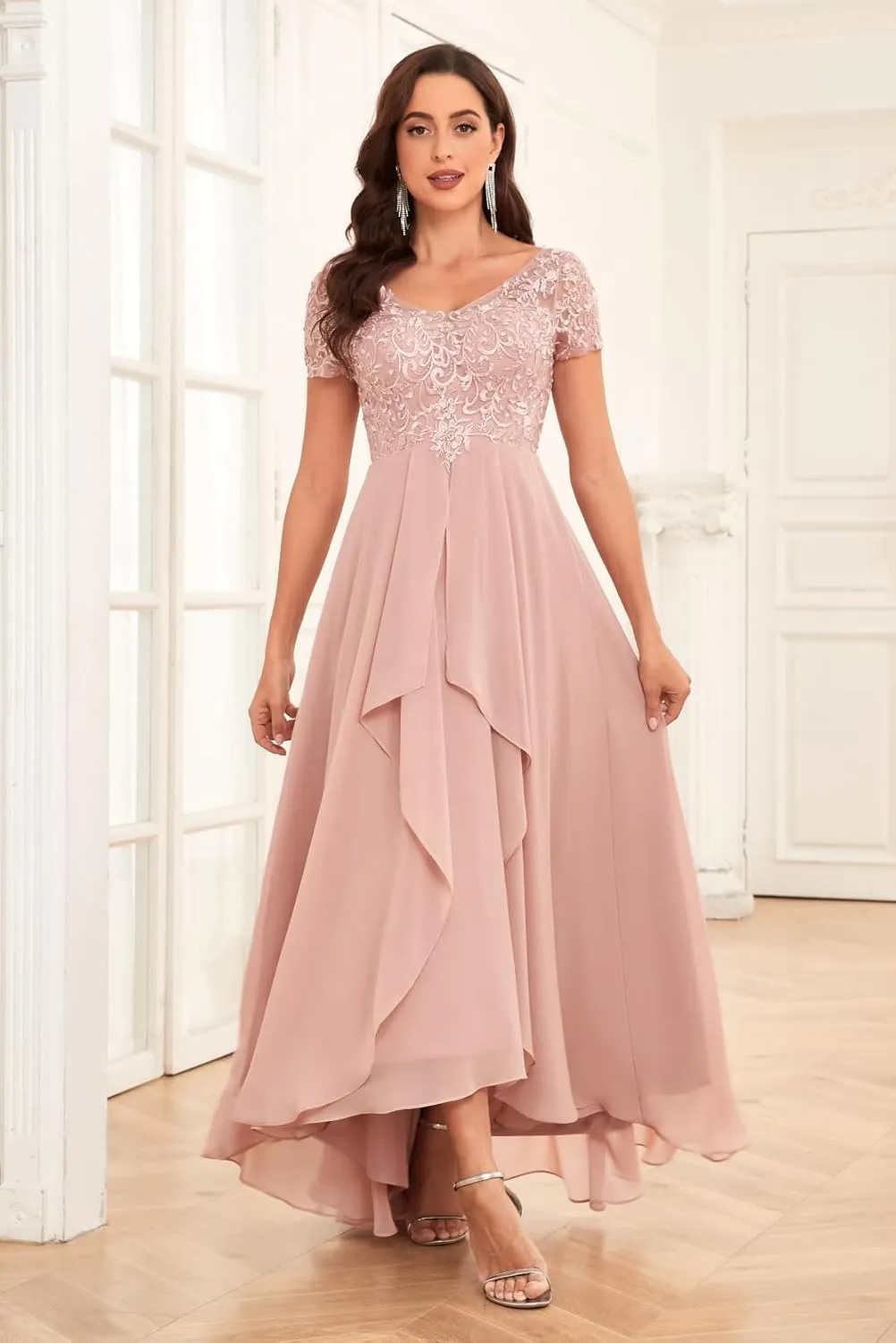 Tea Length Lace Applique Mother of The Bride Dresses for Wedding Pleated Formal Evening Gowns with Sleeves