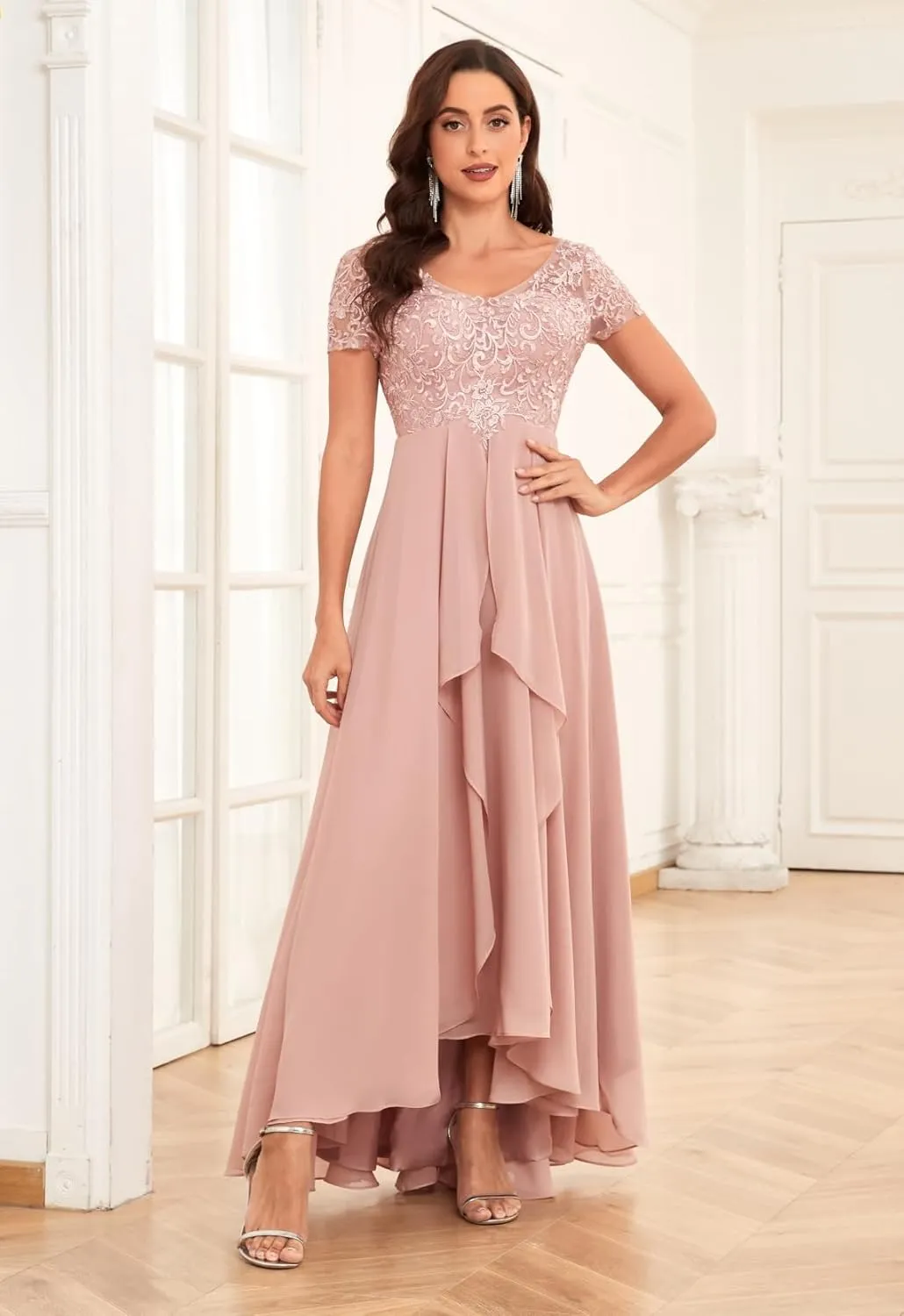 Tea Length Lace Applique Mother of The Bride Dresses for Wedding Pleated Formal Evening Gowns with Sleeves