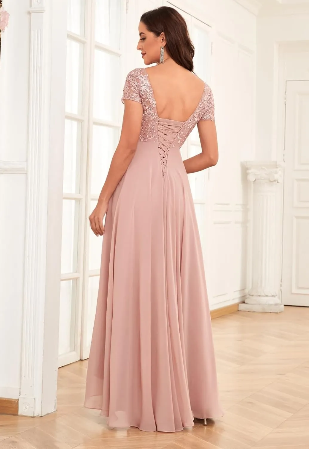 Tea Length Lace Applique Mother of The Bride Dresses for Wedding Pleated Formal Evening Gowns with Sleeves