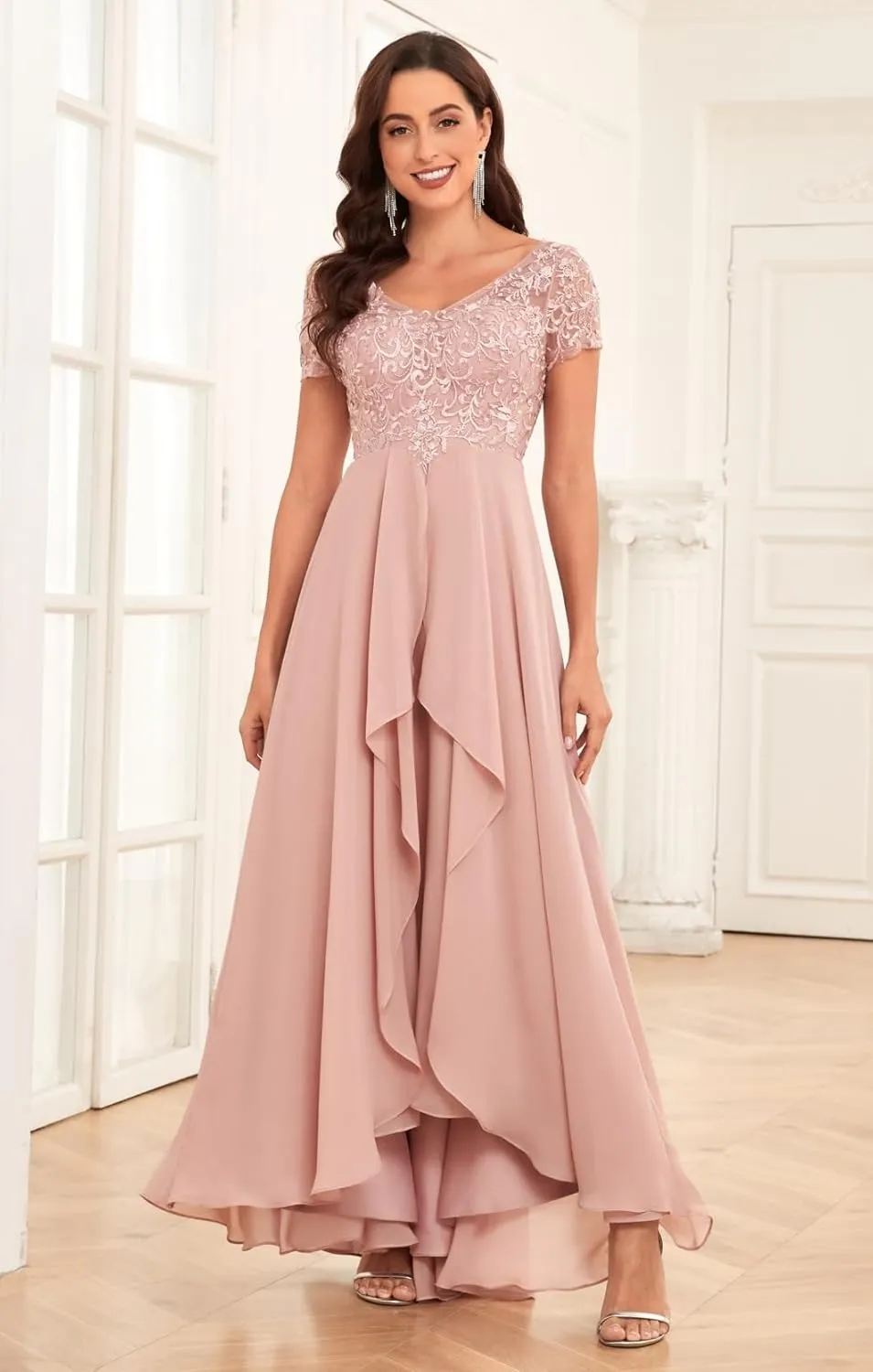 Tea Length Lace Applique Mother of The Bride Dresses for Wedding Pleated Formal Evening Gowns with Sleeves